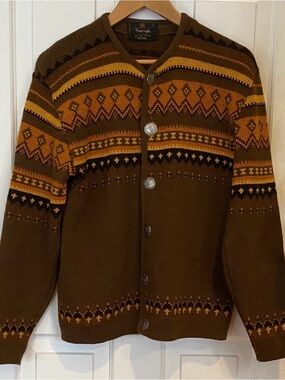 Vintage Virgin Wool Norvyk ski Cardigan sweater Fairtrade aisle apres ski brown